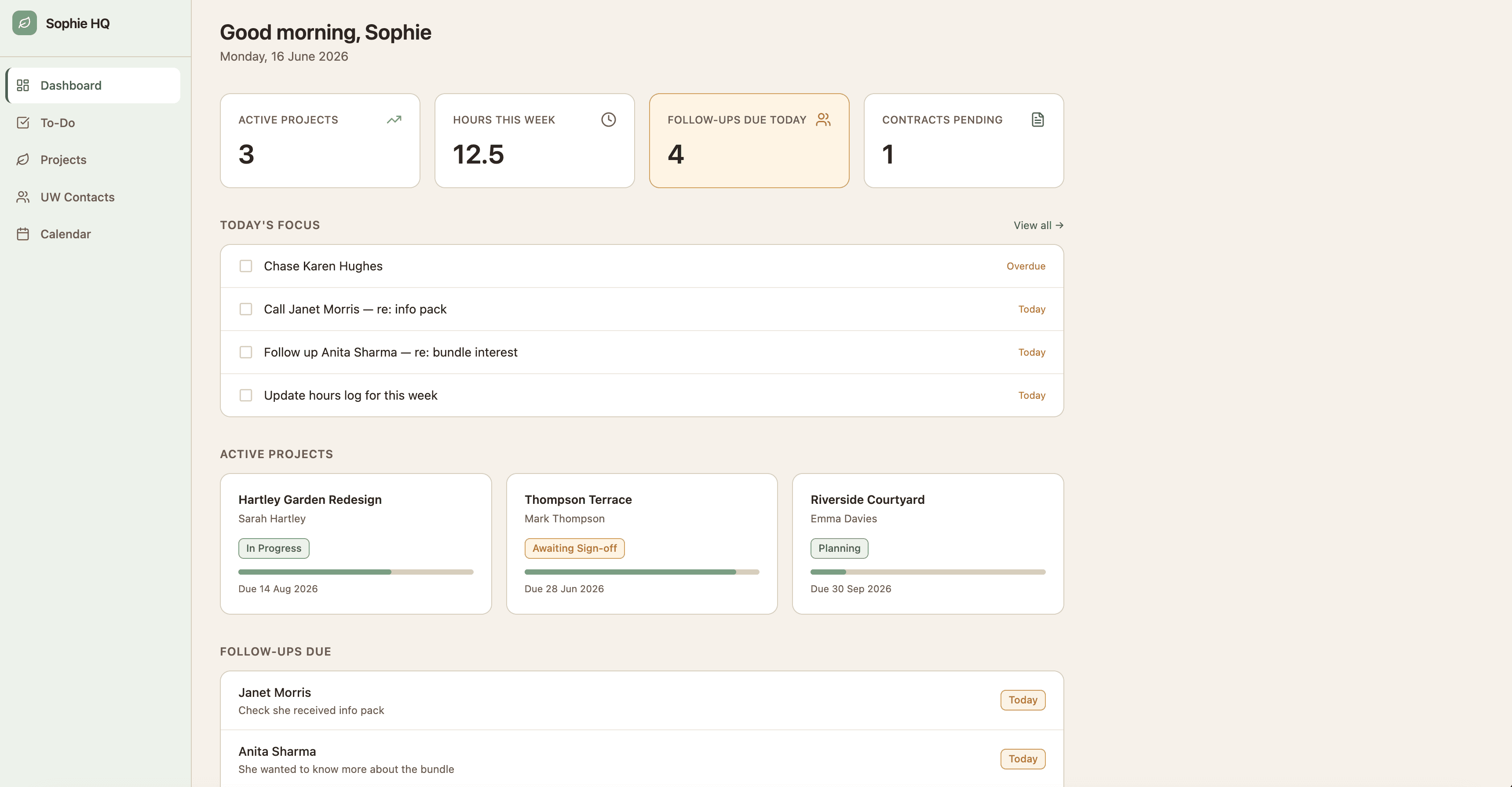 Sophie's HQ dashboard — a single platform showing client records, job tracking, and approvals